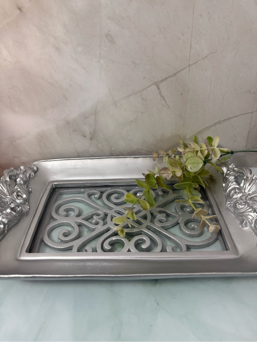 Sixtrees Vintage Decorative Tray Filagree Pattern Glass Bottom